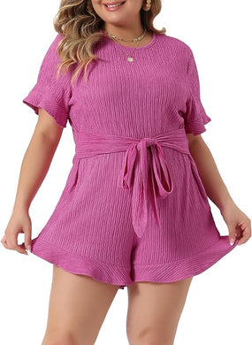 Plus Size Pink Knit Ribbed Short Sleeve Shorts Romper-Plus Size Dream Girl