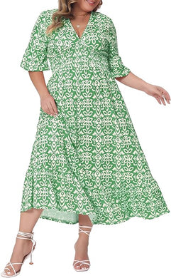 Plus Size Green Ruffled V Neck Print Maxi Dress-Plus Size Dream Girl