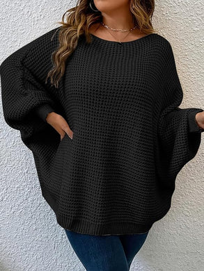 Plus Size Black Comfy Knit Crewneck Loose Fit Sweater-Plus Size Dream Girl