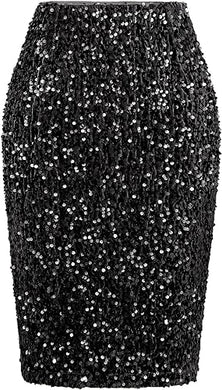 Glitter Sequin High Waist Black Midi Skirt-Plus Size Dream Girl