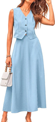 Light Blue Striped Vest & Skirt Business Suit Set-Plus Size Dream Girl