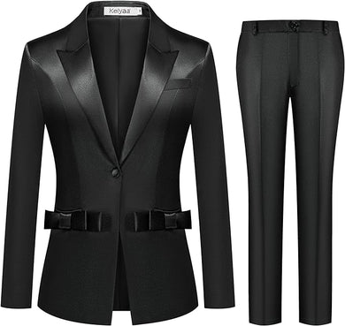 Women's Imperial Black Bow Knotted Blazer & Pants Suit-Plus Size Dream Girl