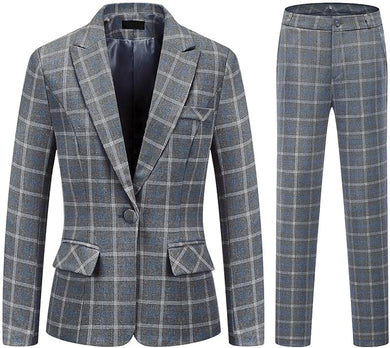Women's Deep Gray Plaid Executive Business Blazer & Pants Suit-Plus Size Dream Girl