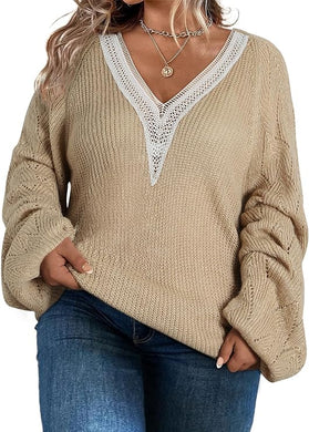 Plus Size V Neck Lace Trim Beige Long Sleeve Sweater-Plus Size Dream Girl