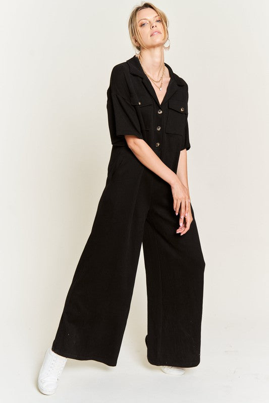 Fashionable Black Basic Collar Shirt Wide leg Jumpsuit-Plus Size Dream Girl