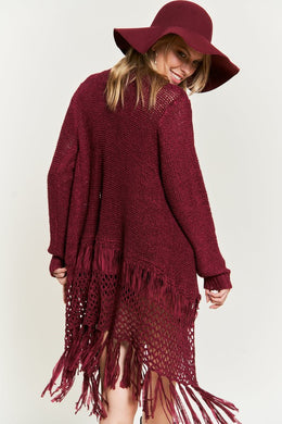 Plus Size Ruby Red Fringe Knit Long Sleeve Cardigan-Plus Size Dream Girl