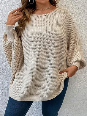 Plus Size White Comfy Knit Crewneck Loose Fit Sweater-Plus Size Dream Girl