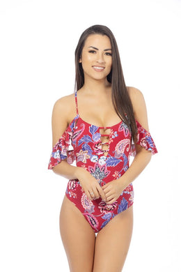 Red Ruffled Floral Paisley One Piece Swimsuit-Plus Size Dream Girl
