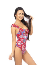 Load image into Gallery viewer, Red Ruffled Floral Paisley One Piece Swimsuit-Plus Size Dream Girl
