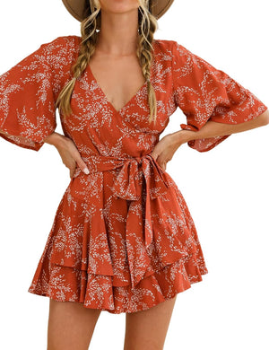 Red/Orange Floral Ruffle Sleeve Belted Shorts Romper-Plus Size Dream Girl