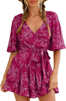 Pink Floral Ruffle Sleeve Belted Shorts Romper-Plus Size Dream Girl