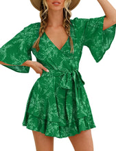 Load image into Gallery viewer, Green Floral Ruffle Sleeve Belted Shorts Romper-Plus Size Dream Girl

