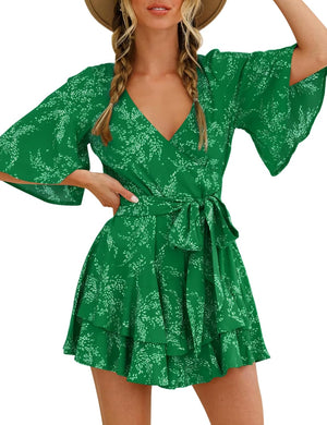 Green Floral Ruffle Sleeve Belted Shorts Romper-Plus Size Dream Girl