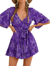 Load image into Gallery viewer, Purple Floral Ruffle Sleeve Belted Shorts Romper-Plus Size Dream Girl
