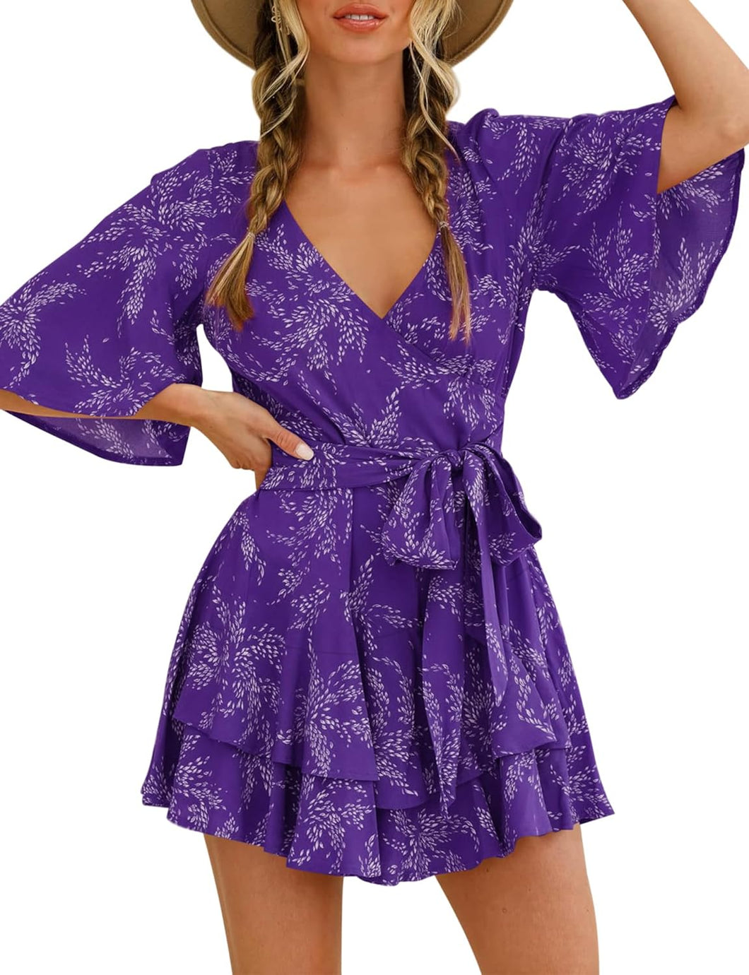 Purple Floral Ruffle Sleeve Belted Shorts Romper-Plus Size Dream Girl