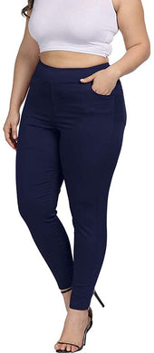 Plus Size Navy Blue Skinny Stretch High Waist Pants with Pockets-Plus Size Dream Girl