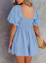 Load image into Gallery viewer, English Puff Sleeve Light Blue Pleated Shorts Romper-Plus Size Dream Girl
