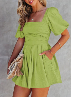 English Puff Sleeve Lime Green Pleated Shorts Romper-Plus Size Dream Girl