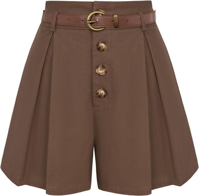 Vintage Style Coffee Brown Pleated High Waist Belted Shorts-Plus Size Dream Girl