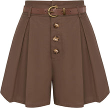 Load image into Gallery viewer, Vintage Style Camel Brown Pleated High Waist Belted Shorts-Plus Size Dream Girl
