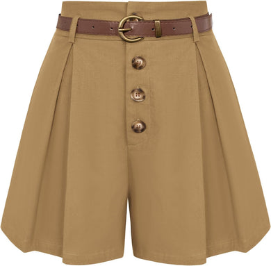Vintage Style Camel Brown Pleated High Waist Belted Shorts-Plus Size Dream Girl