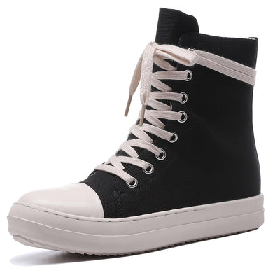 Black Canvas Lace Up Hi Top Casual Leather Shoes-Plus Size Dream Girl
