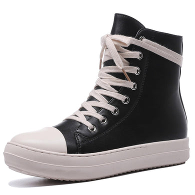 Black Lace Up Hi Top Casual PU Leather Shoes-Plus Size Dream Girl