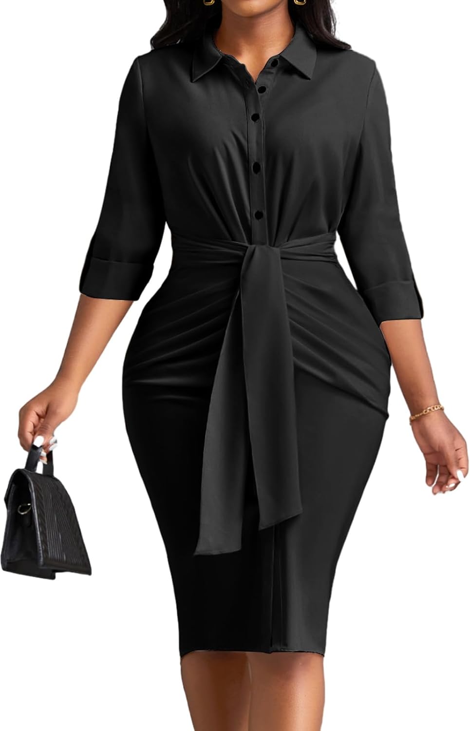 Plus Size Black Tie Front Long Sleeve Midi Dress-Plus Size Dream Girl