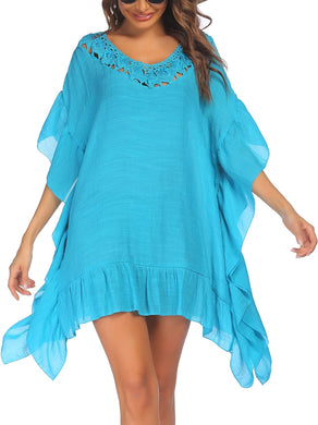 Crochet Neck Turquoise Blue Ruffled Kimono Beach Dress-Plus Size Dream Girl