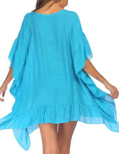 Load image into Gallery viewer, Crochet Neck Blue Ruffled Kimono Beach Dress-Plus Size Dream Girl

