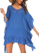Load image into Gallery viewer, Crochet Neck Blue Ruffled Kimono Beach Dress-Plus Size Dream Girl
