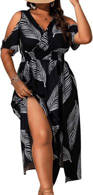 Plus Size Black Tropical Leaf Open Shoulder Maxi Dress-Plus Size Dream Girl