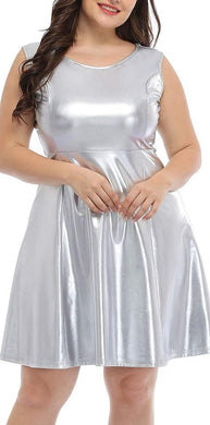 Shiny Holographic Silver Plus Size Sleeveless Mini Dresses-Plus Size Dream Girl