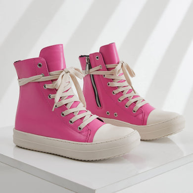 Hot Pink Lace Up Hi Top Casual PU Leather Shoes-Plus Size Dream Girl