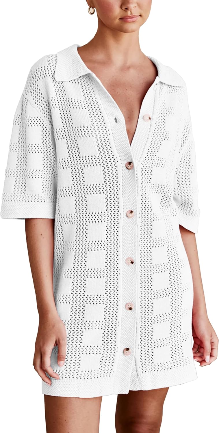 Crochet White Button Front Short Sleeve Shirt Dress-Plus Size Dream Girl