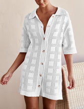 Load image into Gallery viewer, Crochet White Button Front Short Sleeve Shirt Dress-Plus Size Dream Girl
