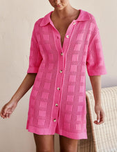 Load image into Gallery viewer, Crochet Pink Button Front Short Sleeve Shirt Dress-Plus Size Dream Girl

