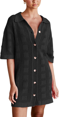 Crochet Black Button Front Short Sleeve Shirt Dress-Plus Size Dream Girl
