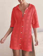Load image into Gallery viewer, Crochet Coral Red Button Front Short Sleeve Shirt Dress-Plus Size Dream Girl
