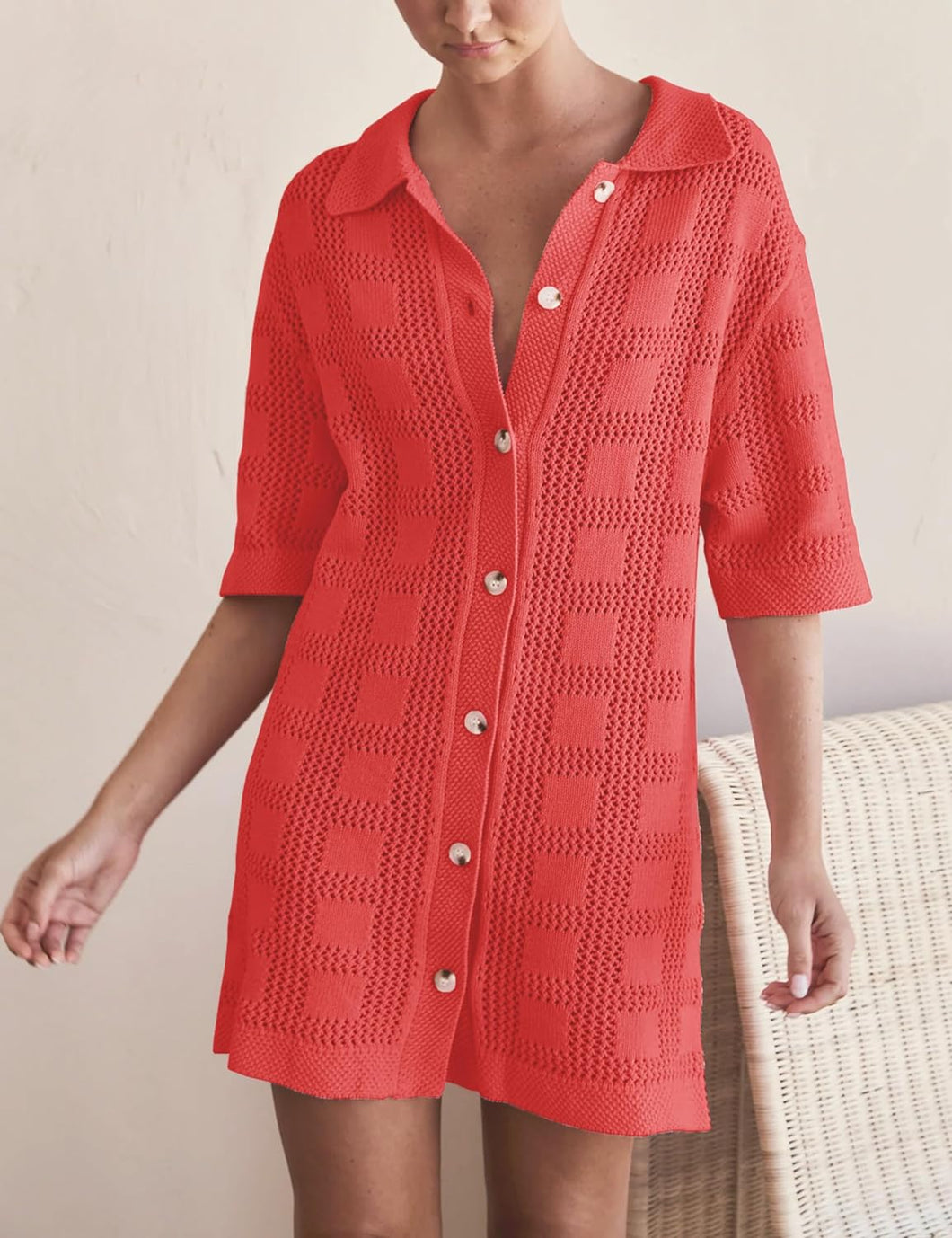 Crochet Coral Red Button Front Short Sleeve Shirt Dress-Plus Size Dream Girl