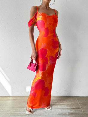 Plus Size Orange Floral Draped Sleeve Maxi Dress-Plus Size Dream Girl