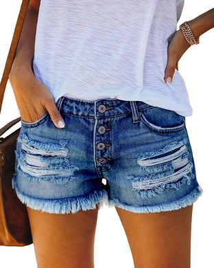 Dark Blue Frayed Hem Summer Denim Shorts-Plus Size Dream Girl