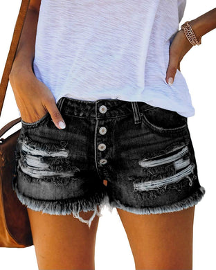 Black Frayed Hem Summer Denim Shorts-Plus Size Dream Girl
