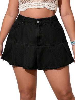 Plus Size Black Denim Ruffled Mini Skirt-Plus Size Dream Girl