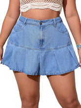 Load image into Gallery viewer, Plus Size Blue Pleated Denim Ruffled Mini Skirt-Plus Size Dream Girl
