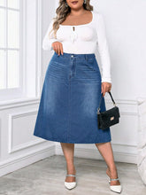 Load image into Gallery viewer, Plus Size Blue Denim Button Midi Skirt-Plus Size Dream Girl
