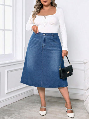 Plus Size Blue Denim Button Midi Skirt-Plus Size Dream Girl