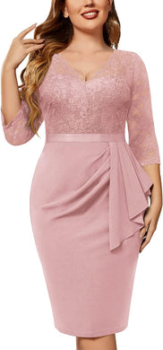 Plus Size Pink Floral Lace Belted Midi Dress-Plus Size Dream Girl