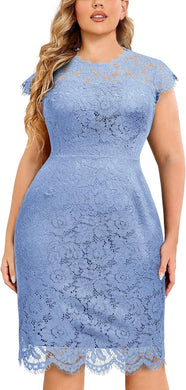 Plus Size Scalloped Light Blue Lace Short Sleeve Midi Dress-Plus Size Dream Girl