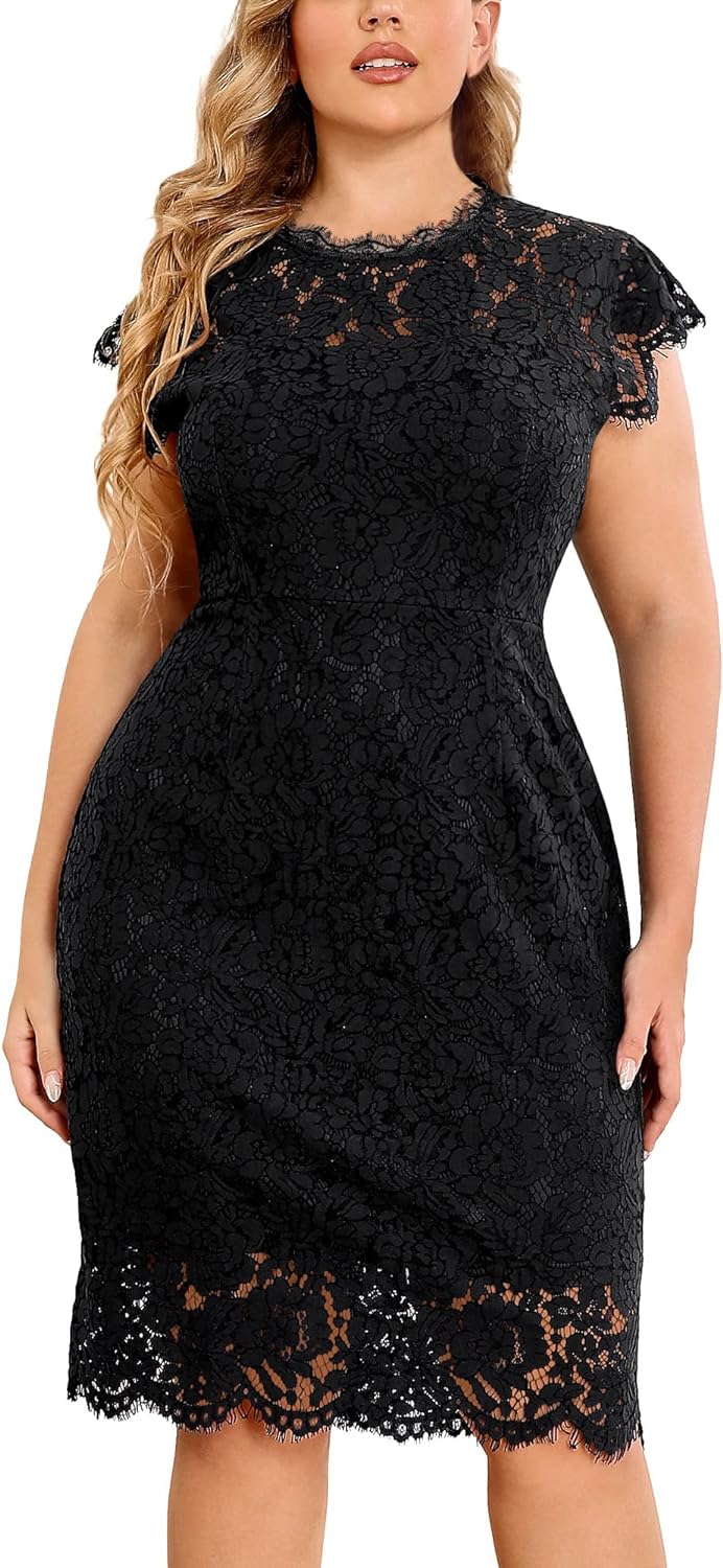 Plus Size Scalloped Black Lace Short Sleeve Midi Dress-Plus Size Dream Girl